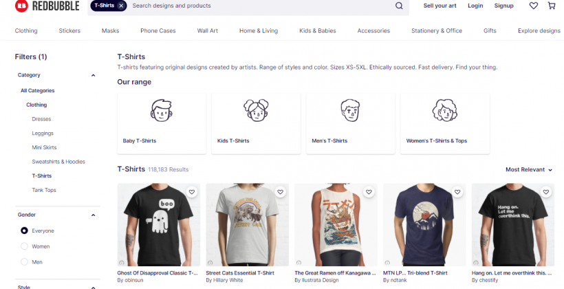 Redbubble search results for “t-shirt” searchandising example