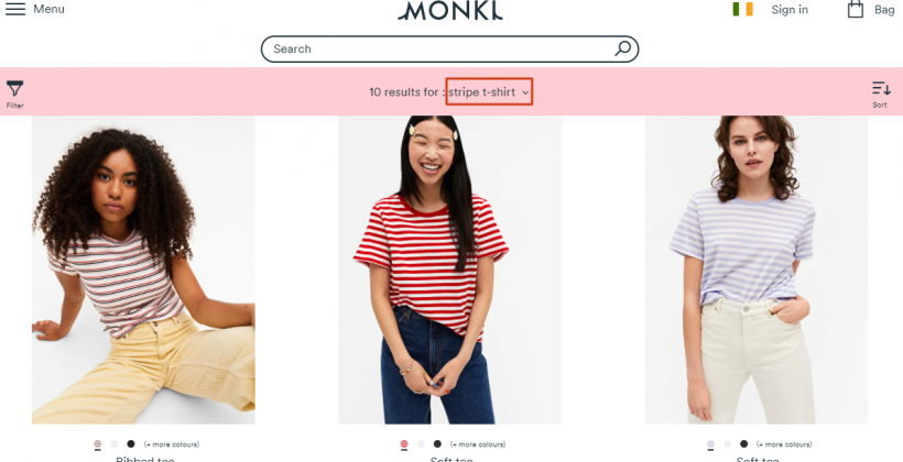 Monki results for “stripe t-shirt” searchandising example